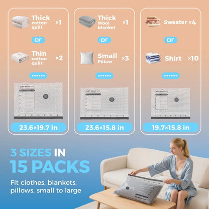 15 Packs/Set Vacuum Storage Bags with Electric Pump Reusable Compression Bags for Clothes Travel Luggage Bedding Organizer