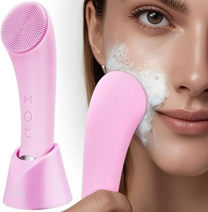 Facial Cleansing Brush, PRITECH Heatable Vibrating Face Scrubber with Massage, Silicone Face Scrubber for Women & Men, Electric Facial Cleanser for Deep Cleansing, Gentle Exfoliating (Pink) Summerwins Dealsforyoudays